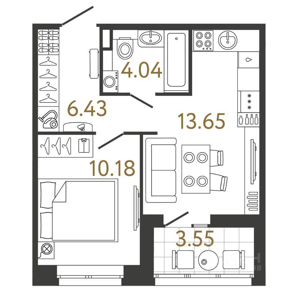 Планировка 1 комнатной квартиры, 34.3 м², в «Ультра Сити 3.0»