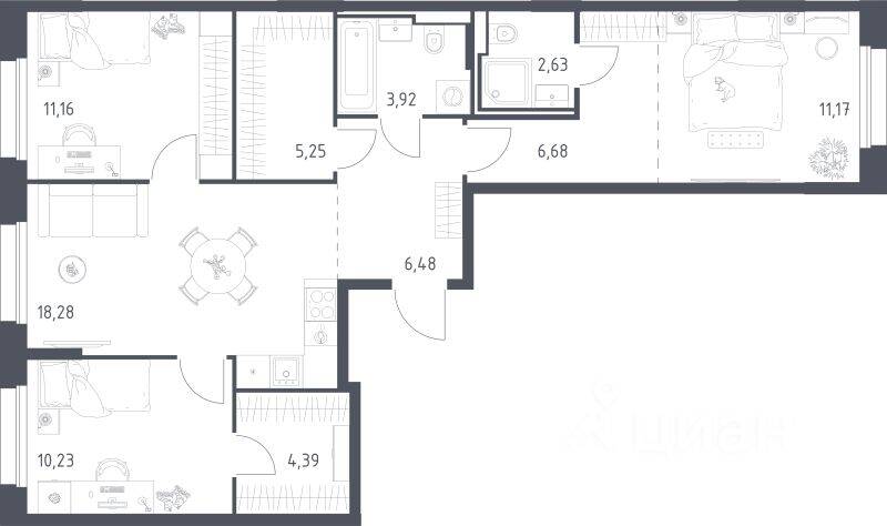 3-комн. квартира, 80,19 м², в ЖК Заречье Парк