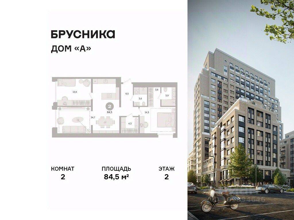 Планировка 2 комнатной квартиры, 84.5 м², в «Дом А»