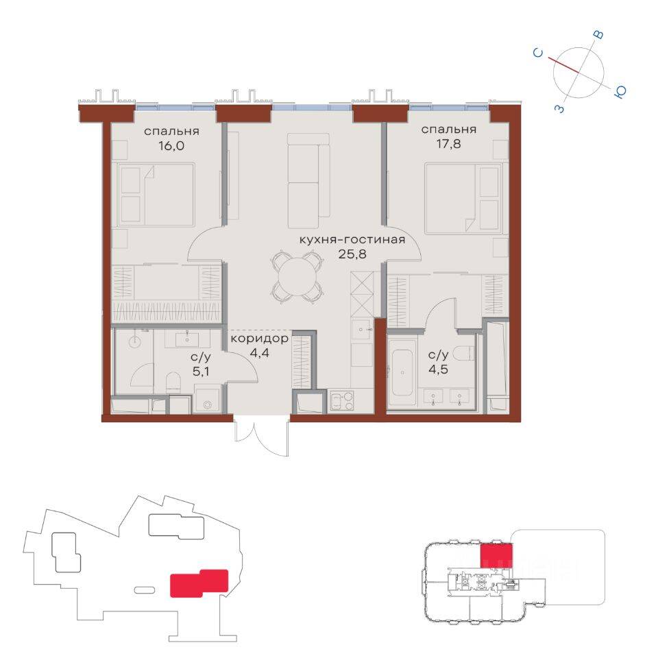 2-комн. квартира, 73,6 м², в ЖК Татарская 35