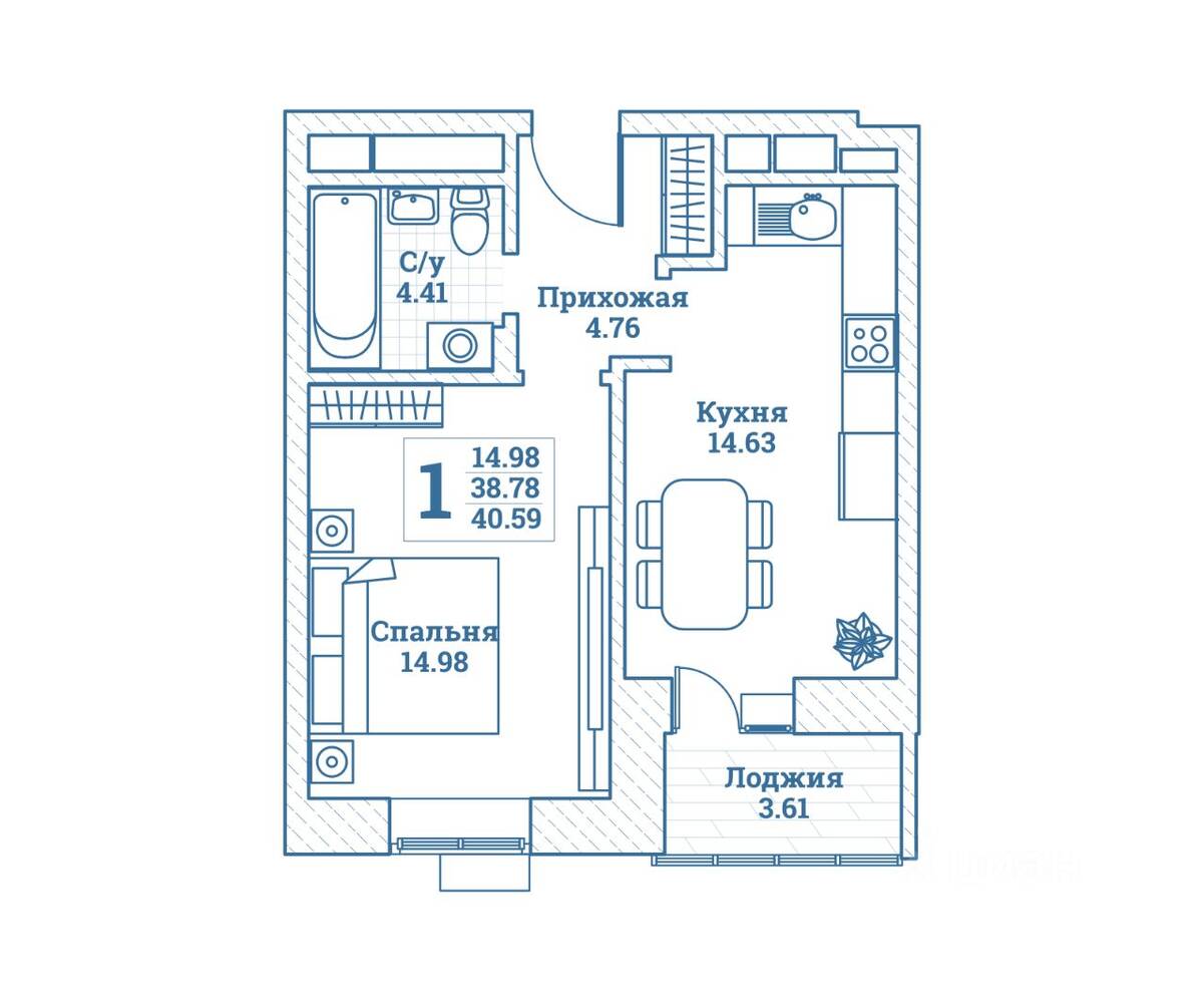 1-комн. квартира, 40,59 м², в ЖК Новоград Монино
