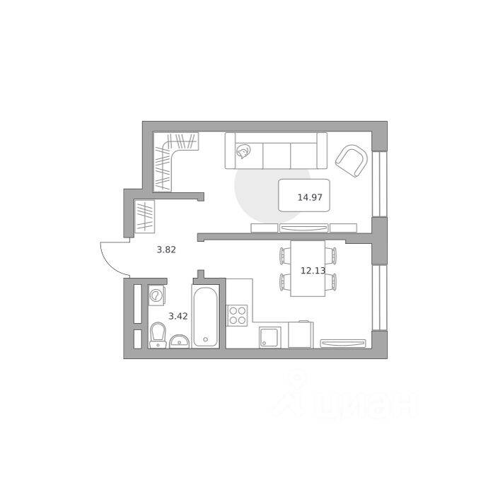 1-комн. квартира, 34,34 м², в Малоэтажный ЖК Живописный