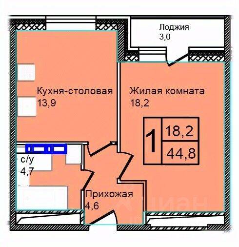Планировка 1 комнатной квартиры, 44.8 м², в «Троицкий»