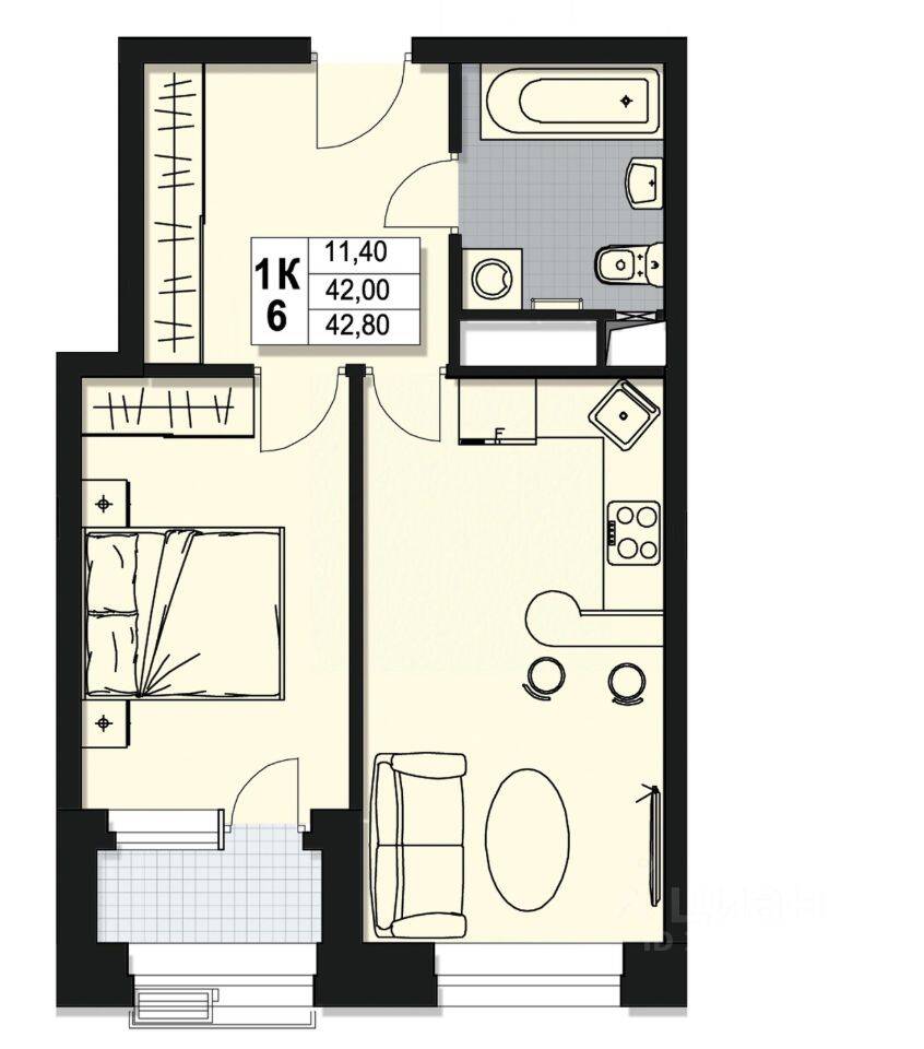 1-комн. квартира, 42 м², в ЖК Атлантис