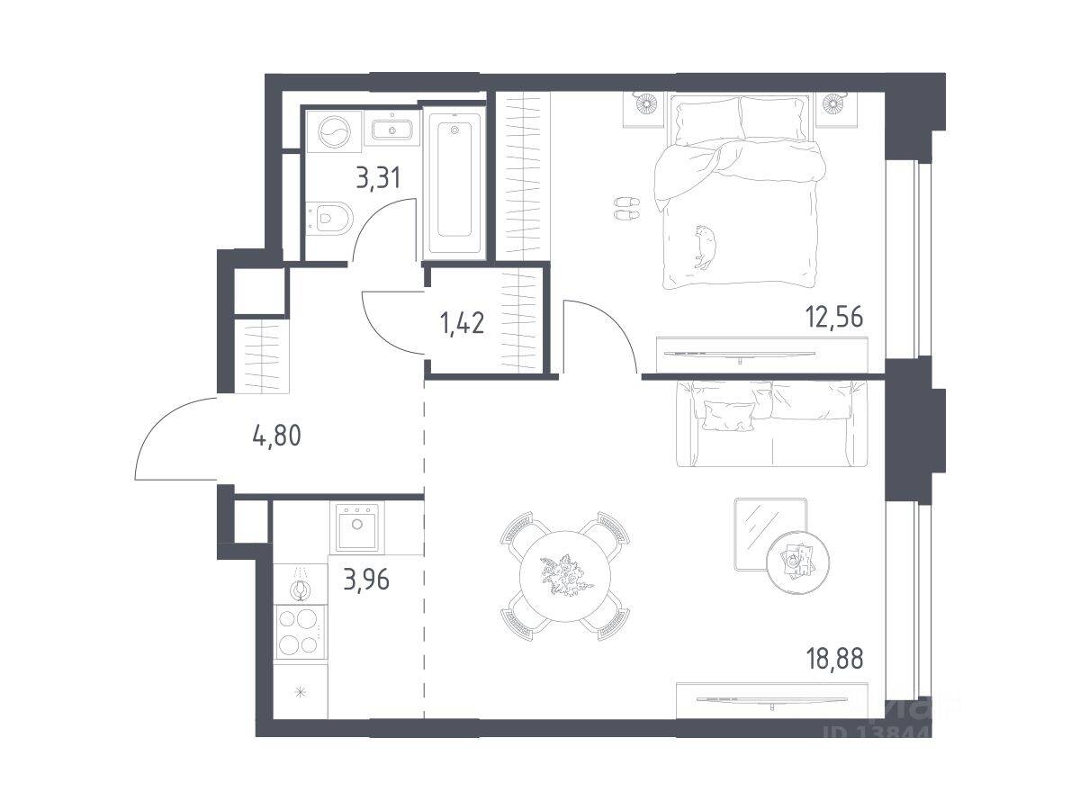 1-комн. квартира, 44,93 м², в Апарт-комплекс Верейская 41