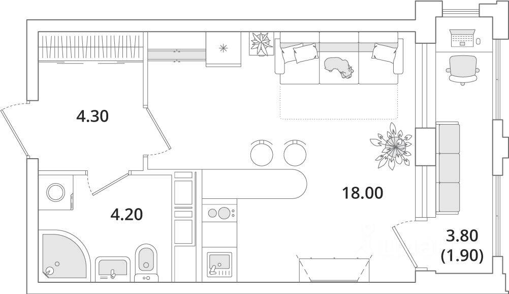 Квартира-студия, 28,6 м², в ЖК Тайм Сквер