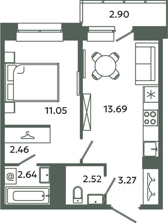 1-комн. квартира, 35,63 м², в ЖК Загляденье