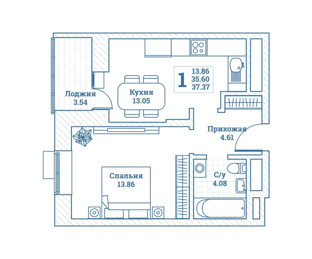 1-комн. квартира, 37,37 м², в ЖК Новоград Монино