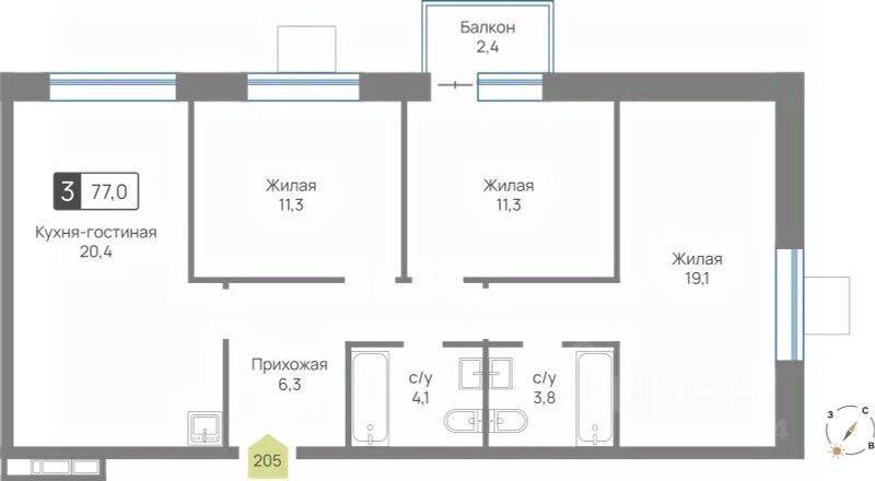 Планировка 3 комнатной квартиры, 77 м², в «Отрада»