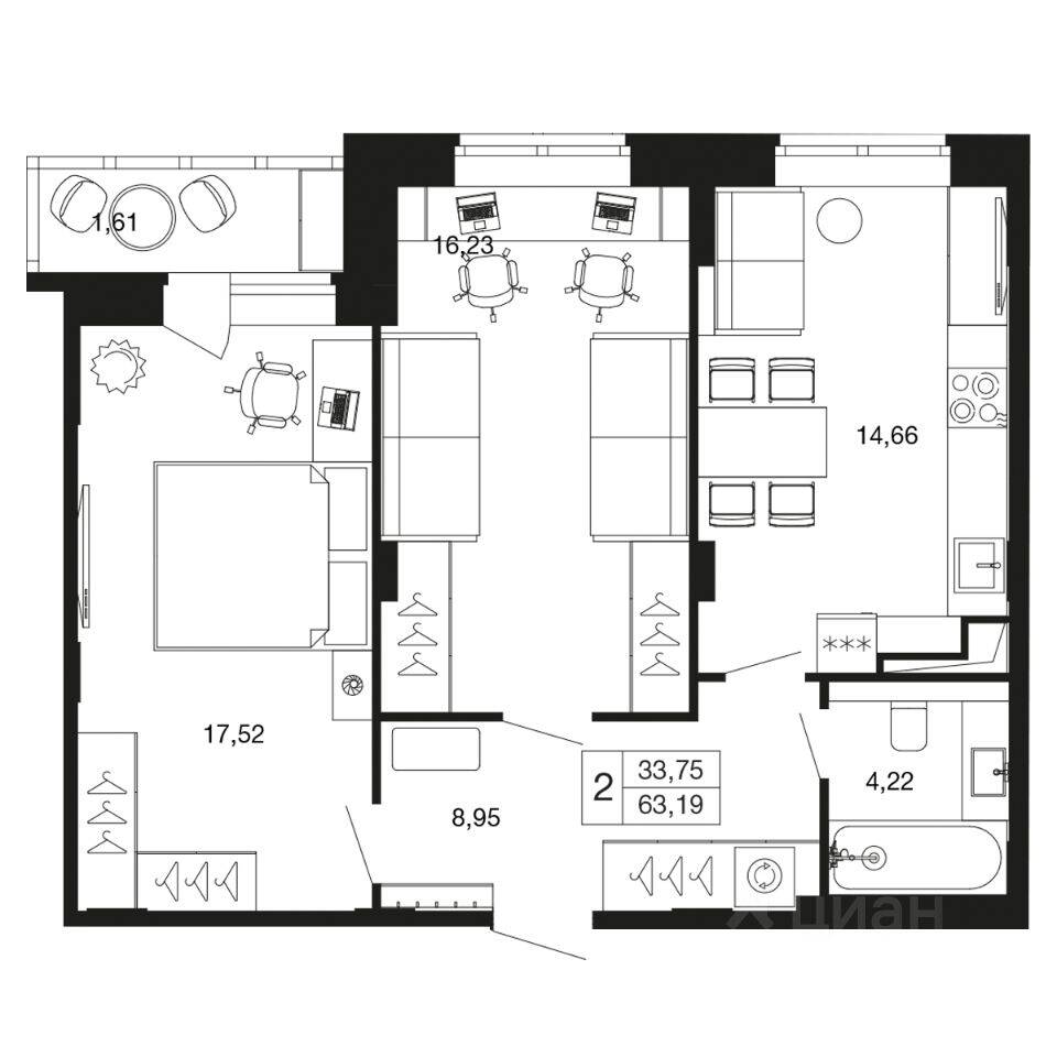 2-комн. квартира, 63,2 м², в ЖК «Времена года»