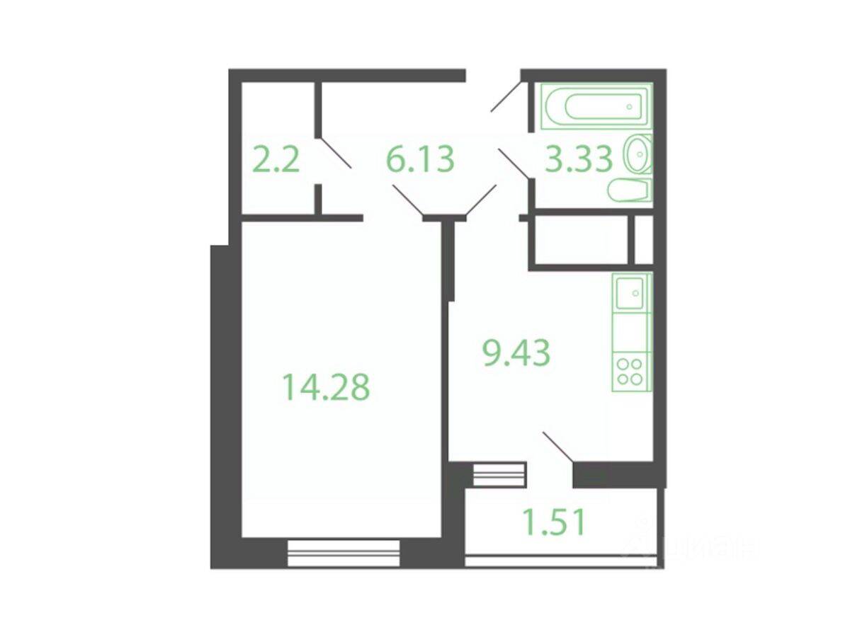 Планировка 1 комнатной квартиры, 35.2 м², в «Новые Котельники»