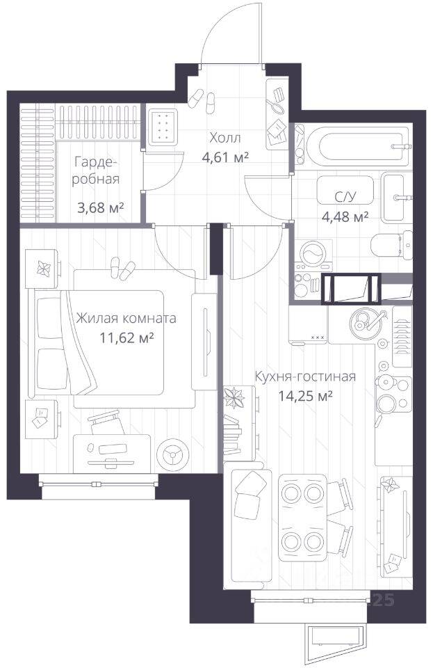 1-комн. квартира, 39 м², в ЖК ВЕРЕН НОРТ Сертолово