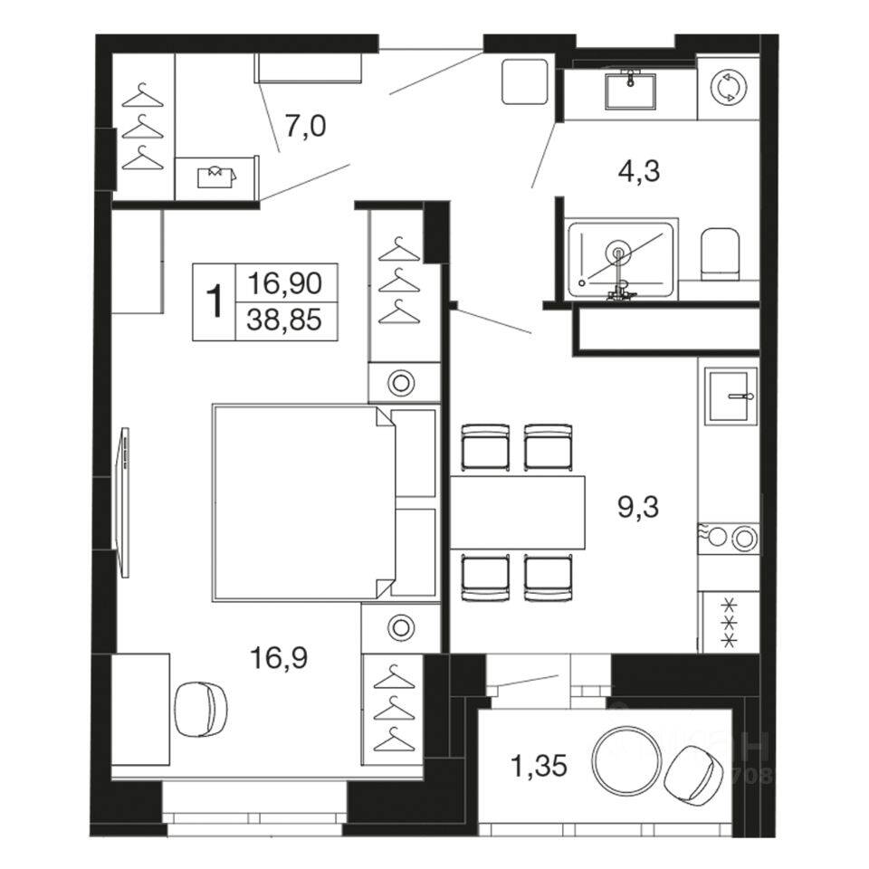 1-комн. квартира, 38,9 м², в ЖК «Времена года»