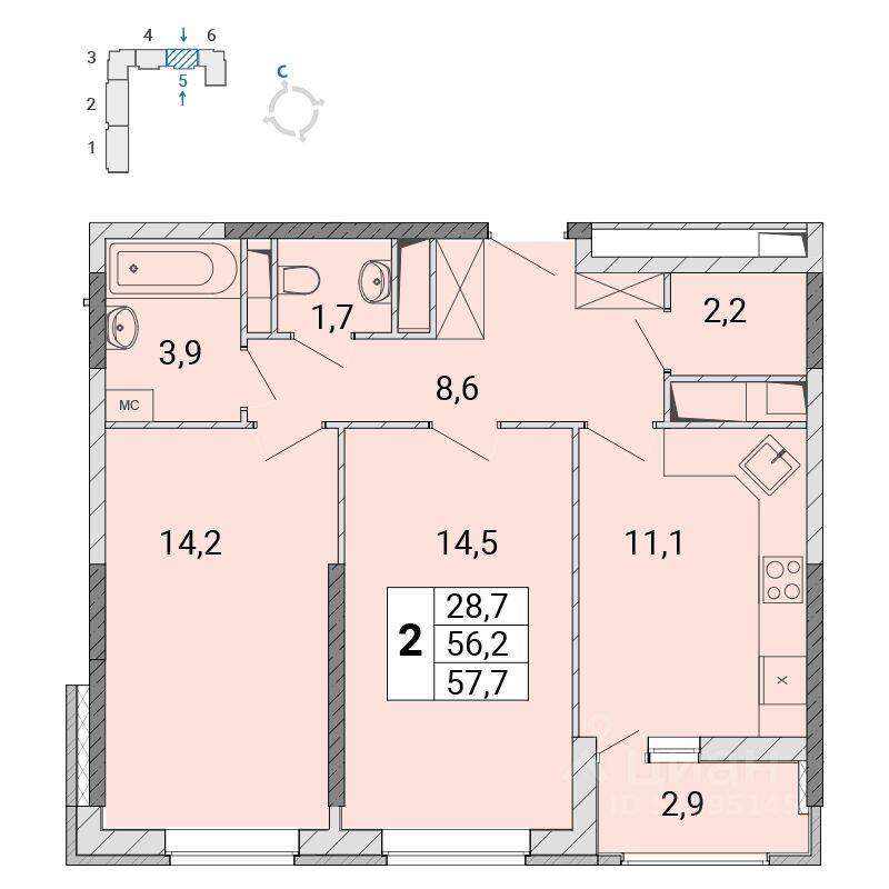 2-комн. квартира, 57,8 м², в ЖК «Центр-2»