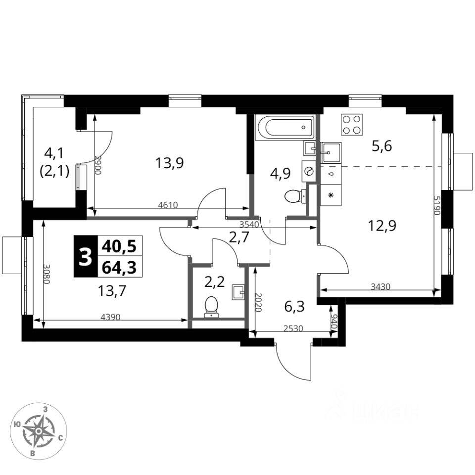 3-комн. квартира, 64,3 м², в ЖК 1-й Ясеневский