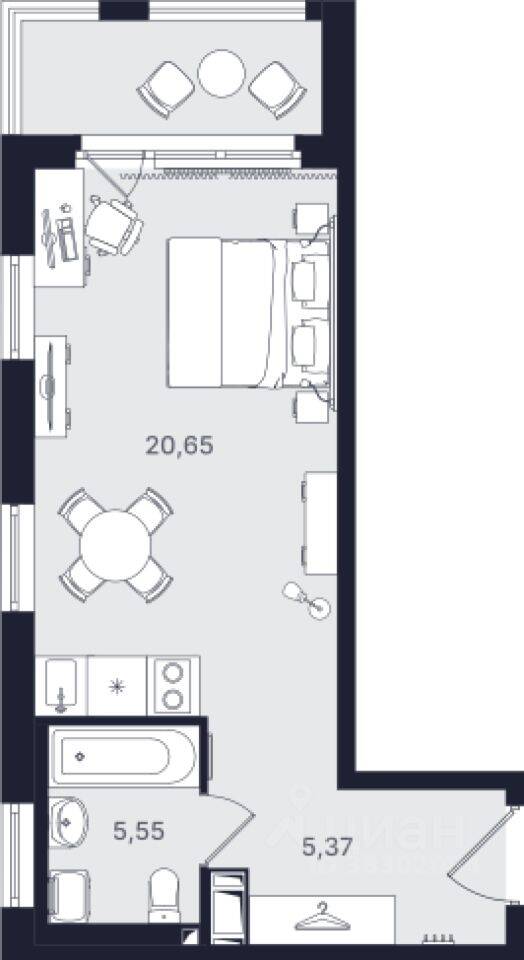 Планировка 1 комнатной квартиры, 31.57 м², в «Про.Молодость (Апартаменты Про.Молодость)»