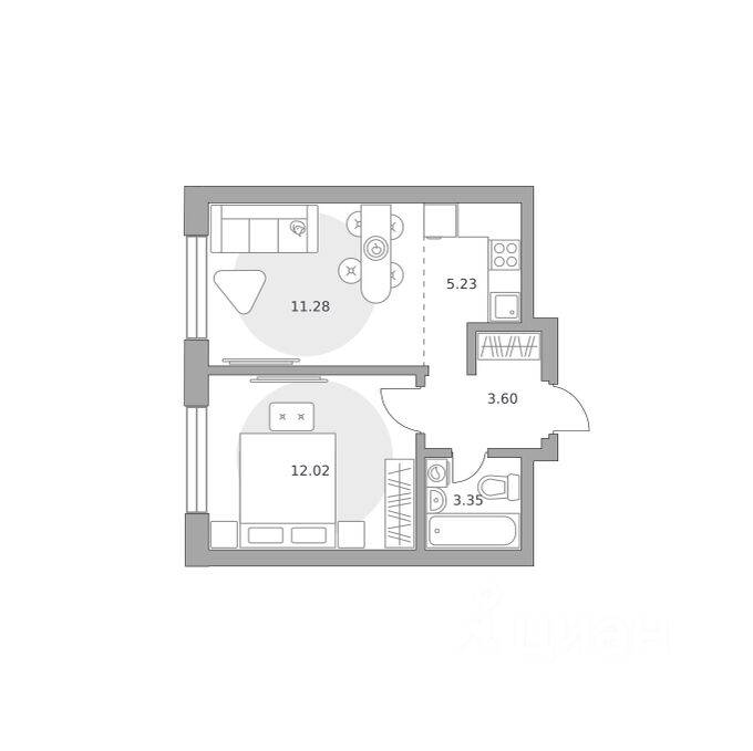 2-комн. квартира, 35,48 м², в ЖК Ильинойс
