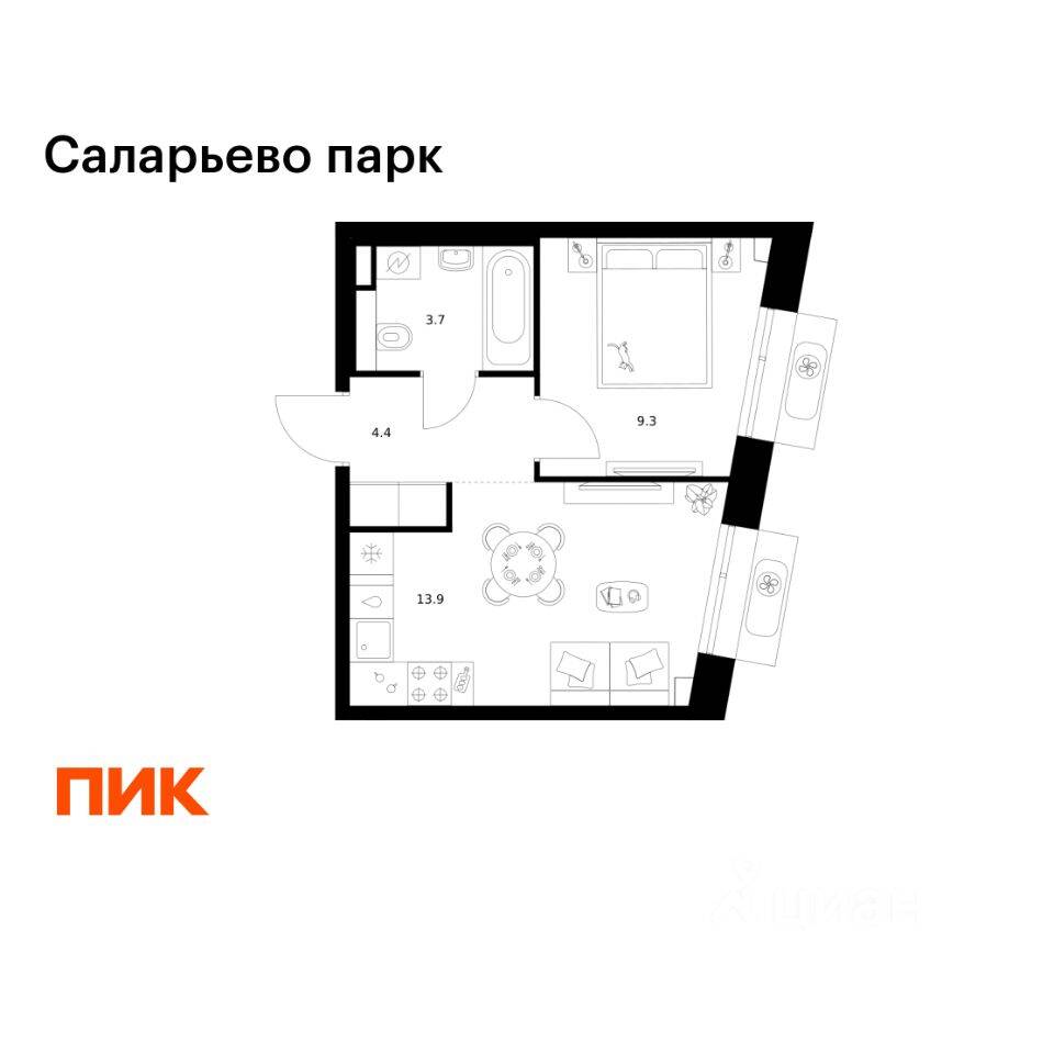 1-комн. квартира, 31,3 м², в ЖК «Саларьево парк»