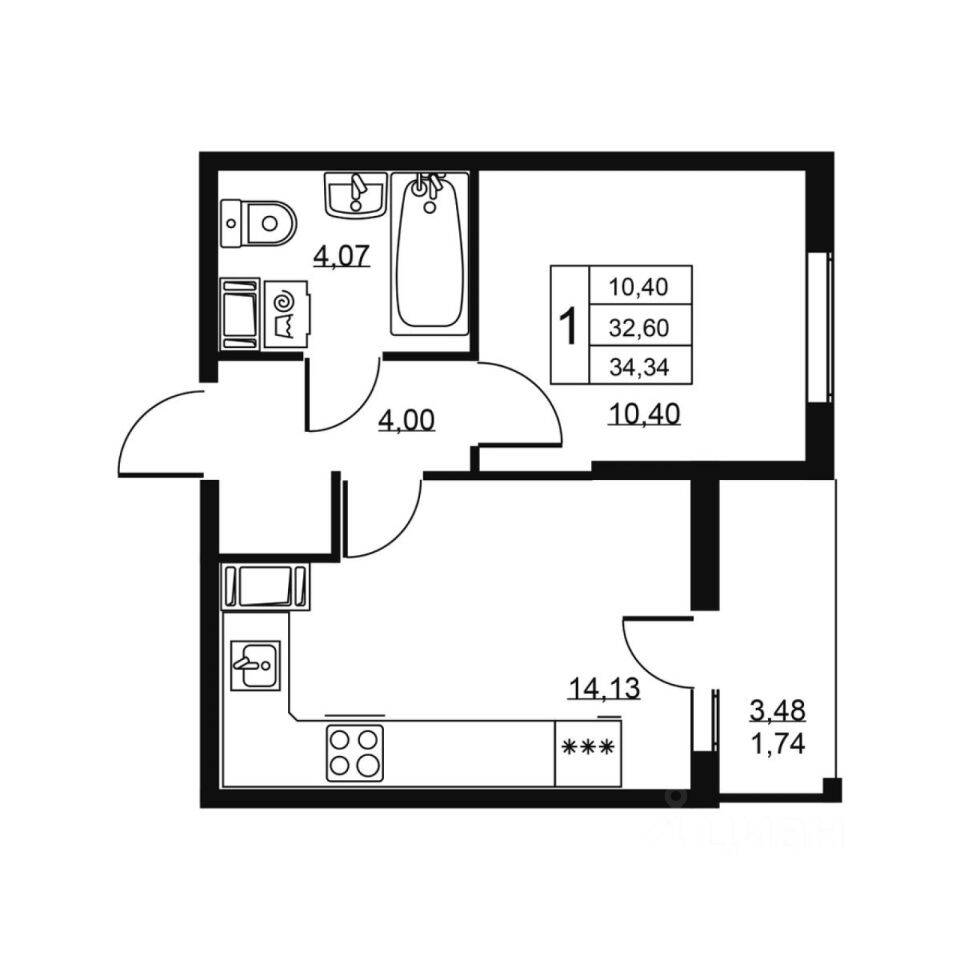 1-комн. квартира, 34,34 м², в ЖК «Высота» (Бугры)