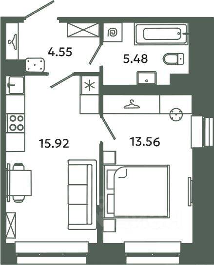 1-комн. квартира, 39,51 м², в ЖК Загляденье