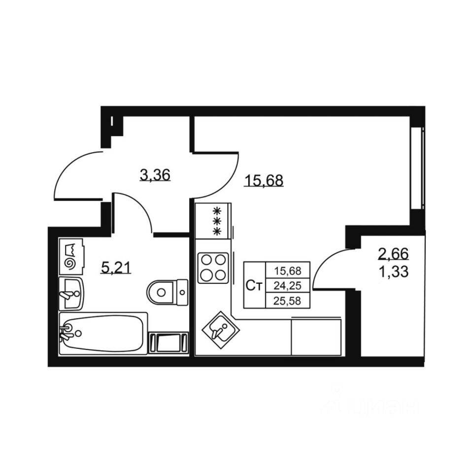 Квартира-студия, 25,58 м², в ЖК «Высота» (Бугры)