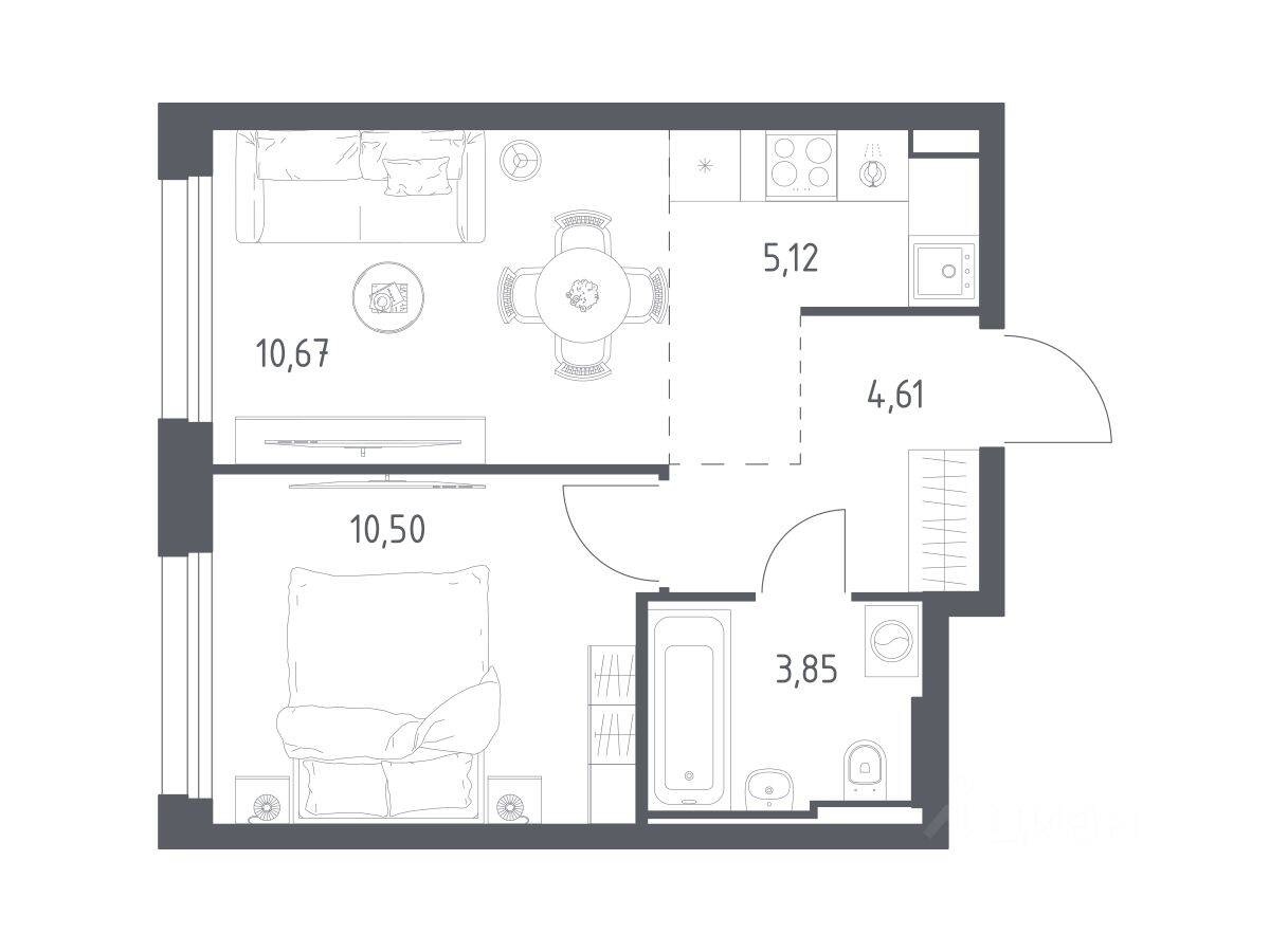 Планировка 1 комнатной квартиры, 34.75 м², в «Квартал Строгино»