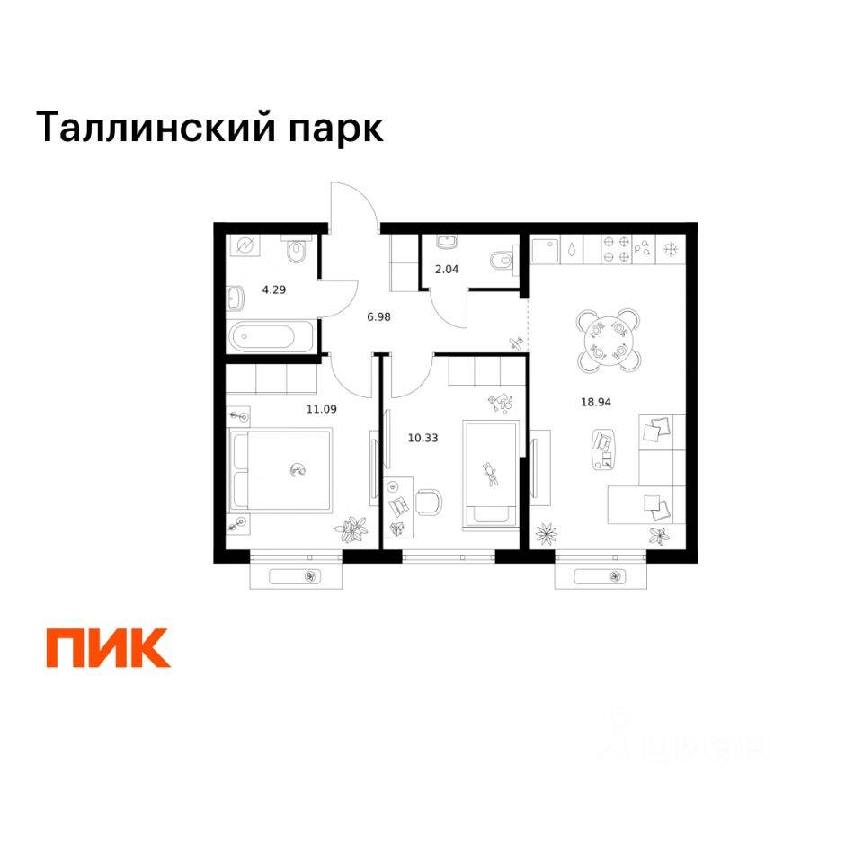 2-комн. квартира, 53,67 м², в ЖК Таллинский парк