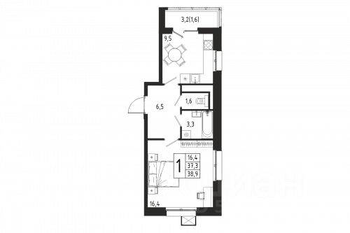 1-комн. квартира, 38,9 м², в ЖК «Берег»