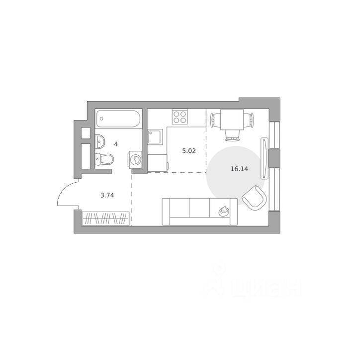 Планировка 1 комнатной квартиры, 28.9 м², в «Живописный»