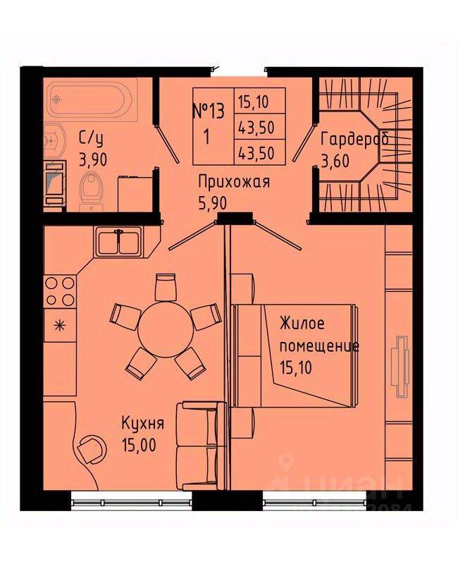 1-комн. квартира, 43,5 м², в ЖК Pixel