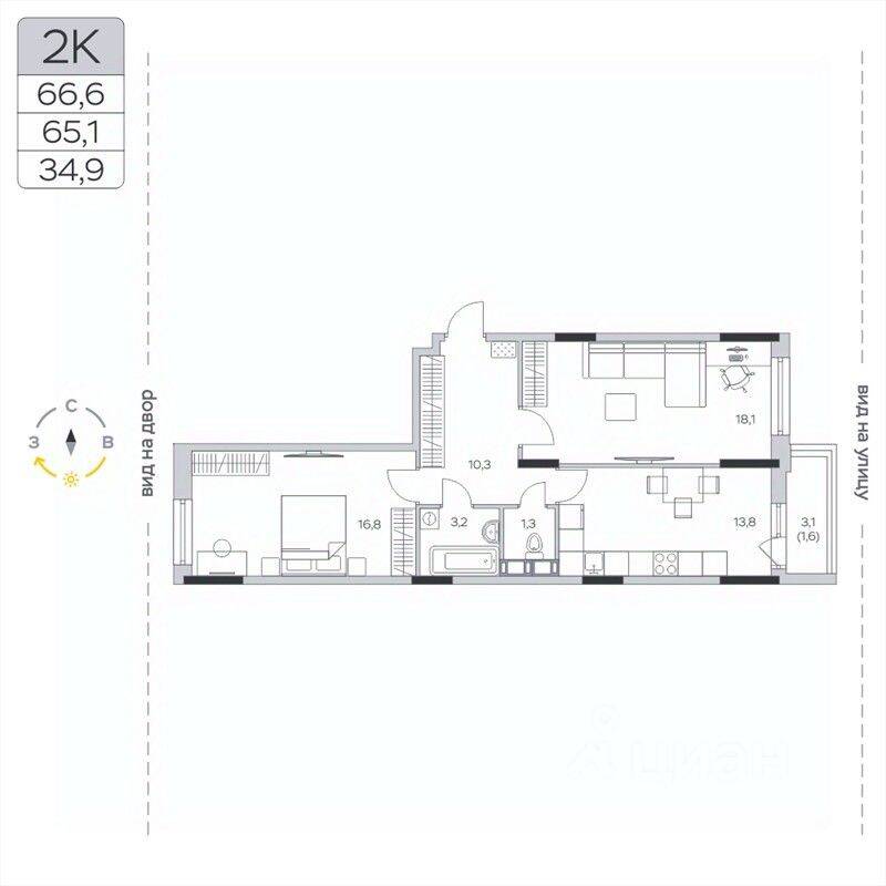 2-комн. квартира, 65,2 м², в ЖК «Пироговская Ривьера»