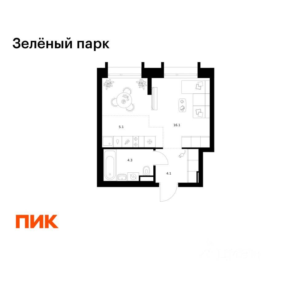 Планировка 1 комнатной квартиры, 29.6 м², в «Зеленый парк»