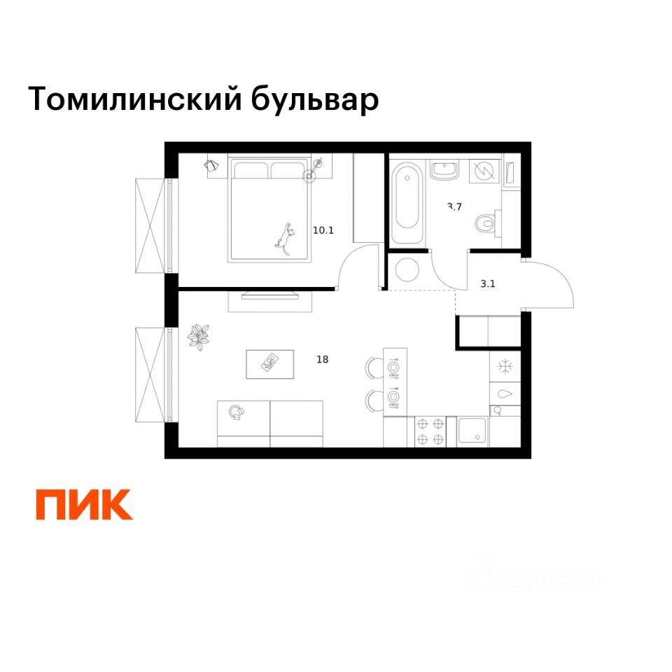 1-комн. квартира, 34,9 м², в ЖК Томилинский бульвар