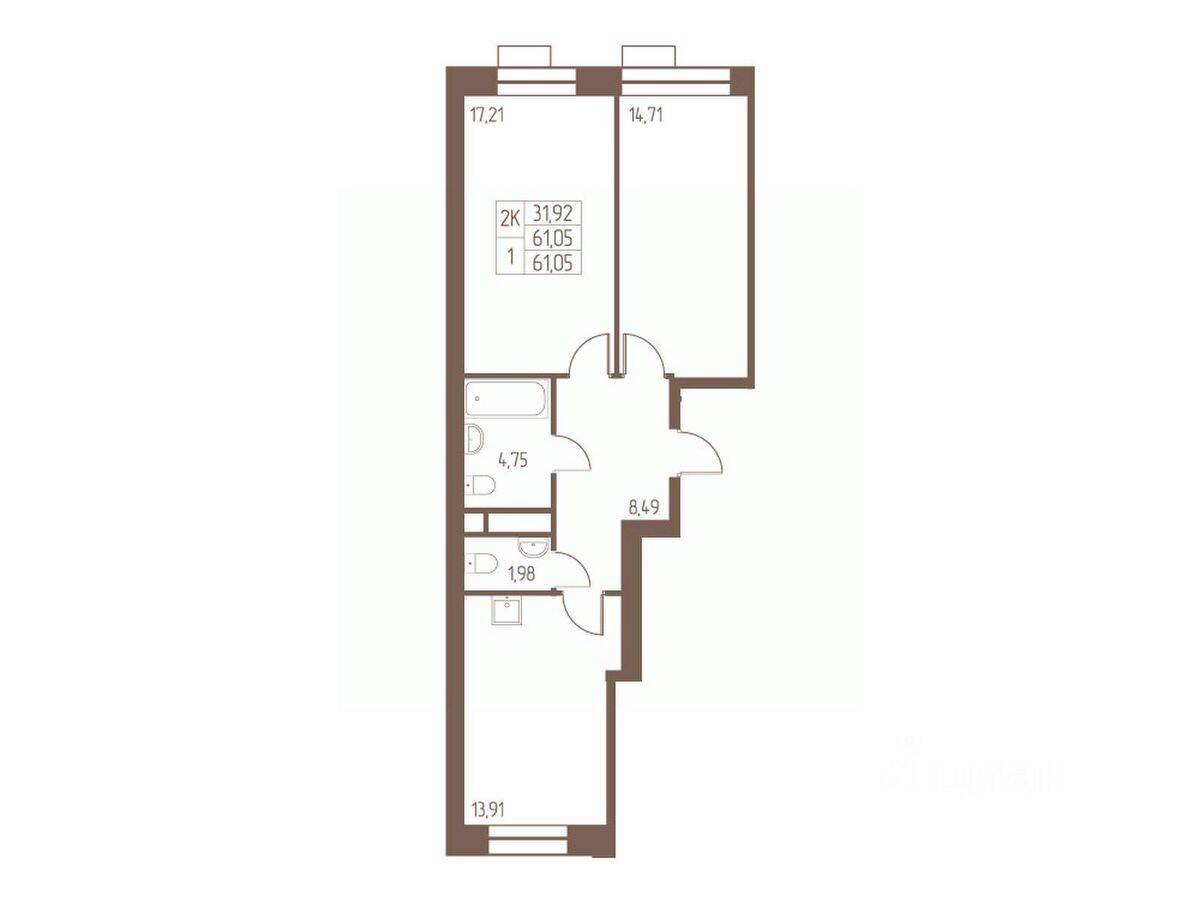 2-комн. квартира, 61,1 м², в ЖК Западная Ивантеевка