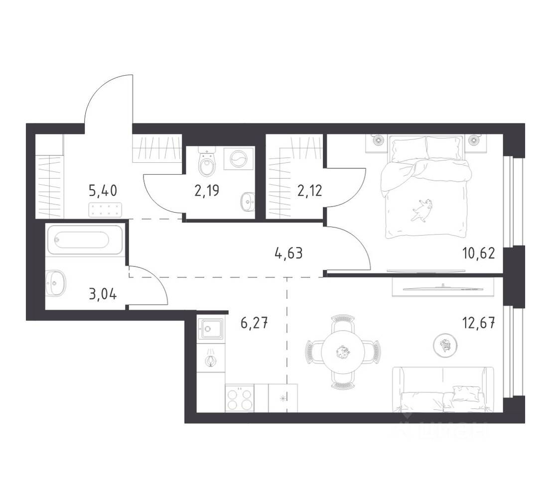 1-комн. квартира, 46,94 м², в ЖК Новое Внуково