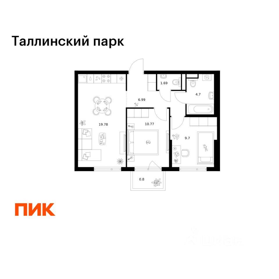 2-комн. квартира, 54,43 м², в ЖК Таллинский парк