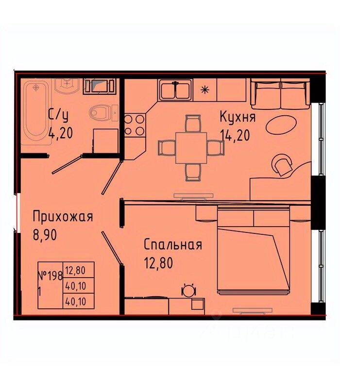 1-комн. квартира, 40,1 м², в ЖК Pixel