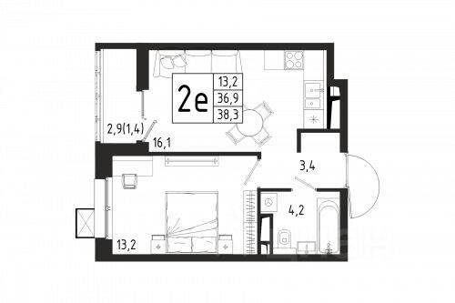 1-комн. квартира, 38,3 м², в ЖК «Берег»