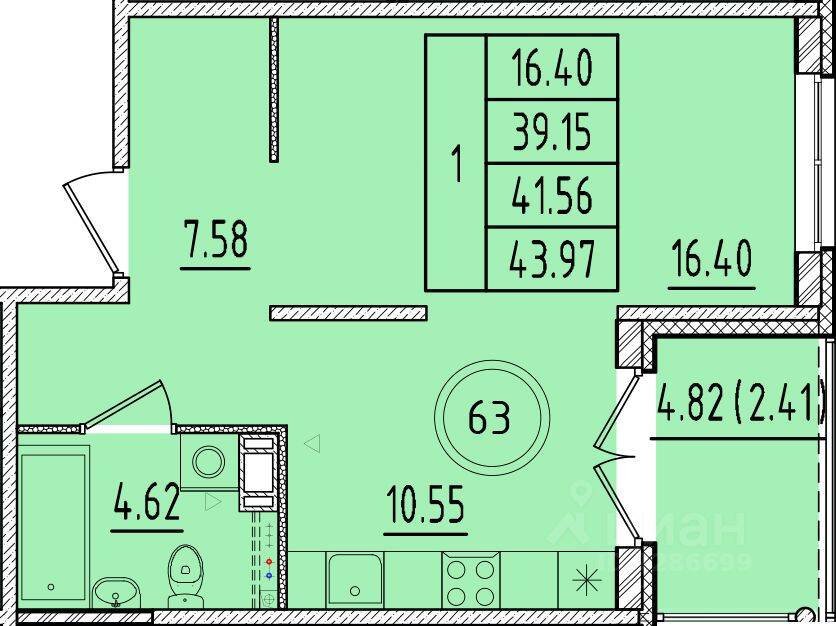 1-комн. квартира, 39,15 м², в Малоэтажный ЖК Образцовый квартал 17