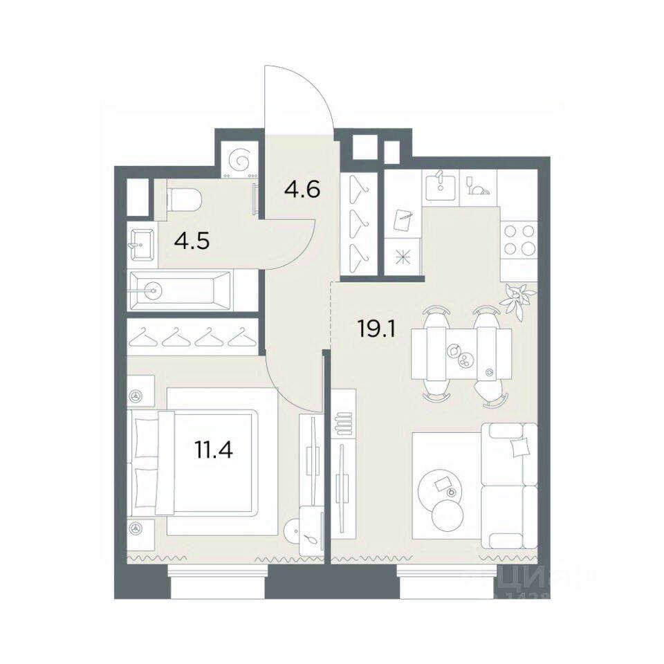 Планировка 1 комнатной квартиры, 39.6 м², в «Станиславский»