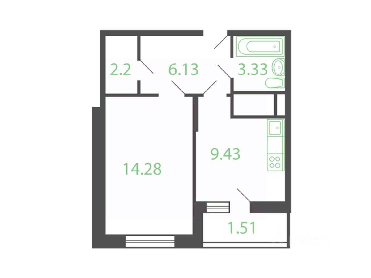 Планировка 1 комнатной квартиры, 35.2 м², в «Новые Котельники»