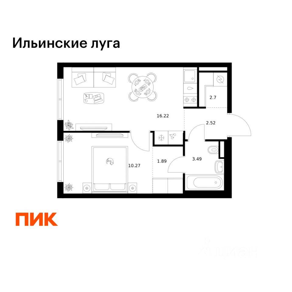 1-комн. квартира, 37,09 м², в ЖК «Ильинские луга»