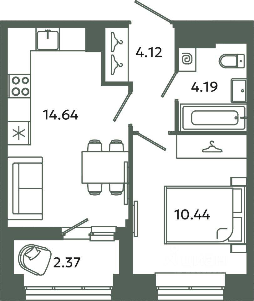 1-комн. квартира, 33,39 м², в ЖК Загляденье