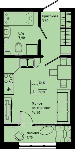 Планировка 1 комнатной квартиры, 23.8 м², в «Pixel»