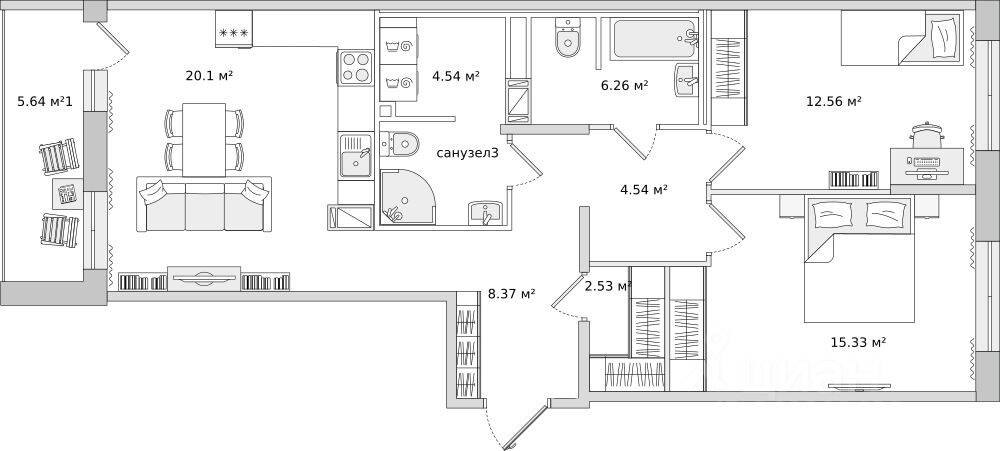 2-комн. квартира, 79,87 м², в ЖК ЦДС «Dreamline»