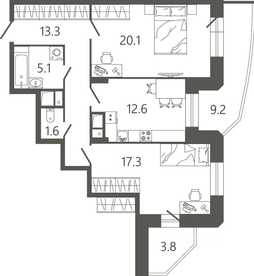 2-комн. квартира, 74,7 м², в ЖК «Советская 18»