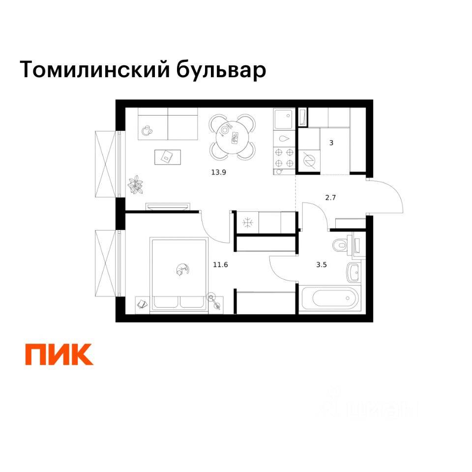 1-комн. квартира, 34,7 м², в ЖК Томилинский бульвар