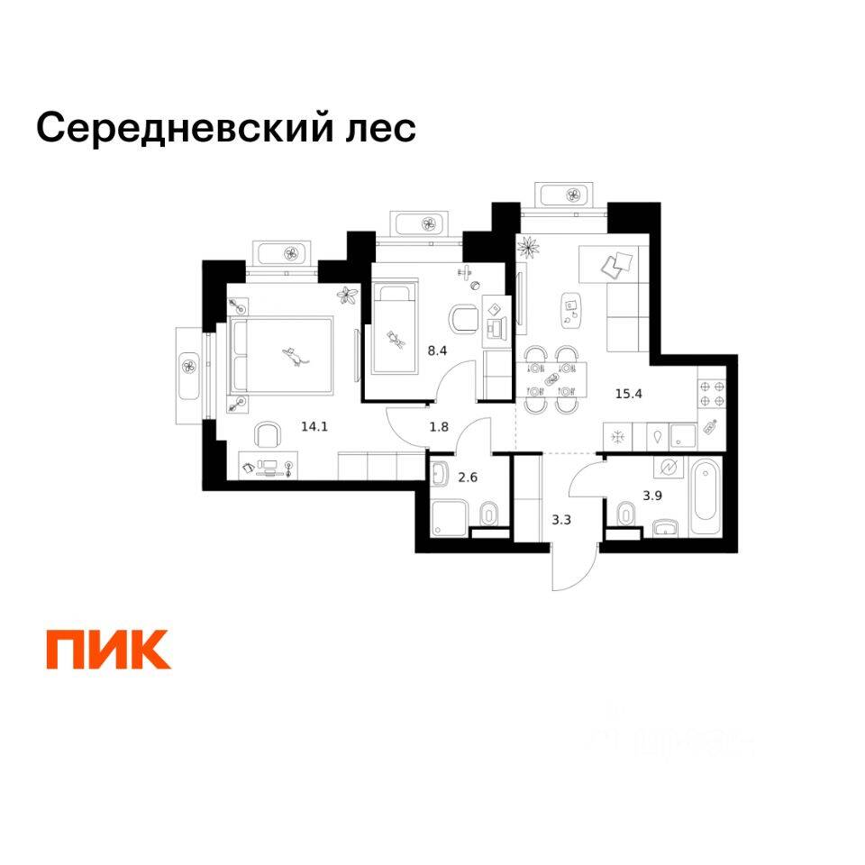 2-комн. квартира, 49,5 м², в ЖК Середневский лес