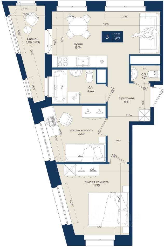 2-комн. квартира, 50,1 м², в ЖК «Новатория»