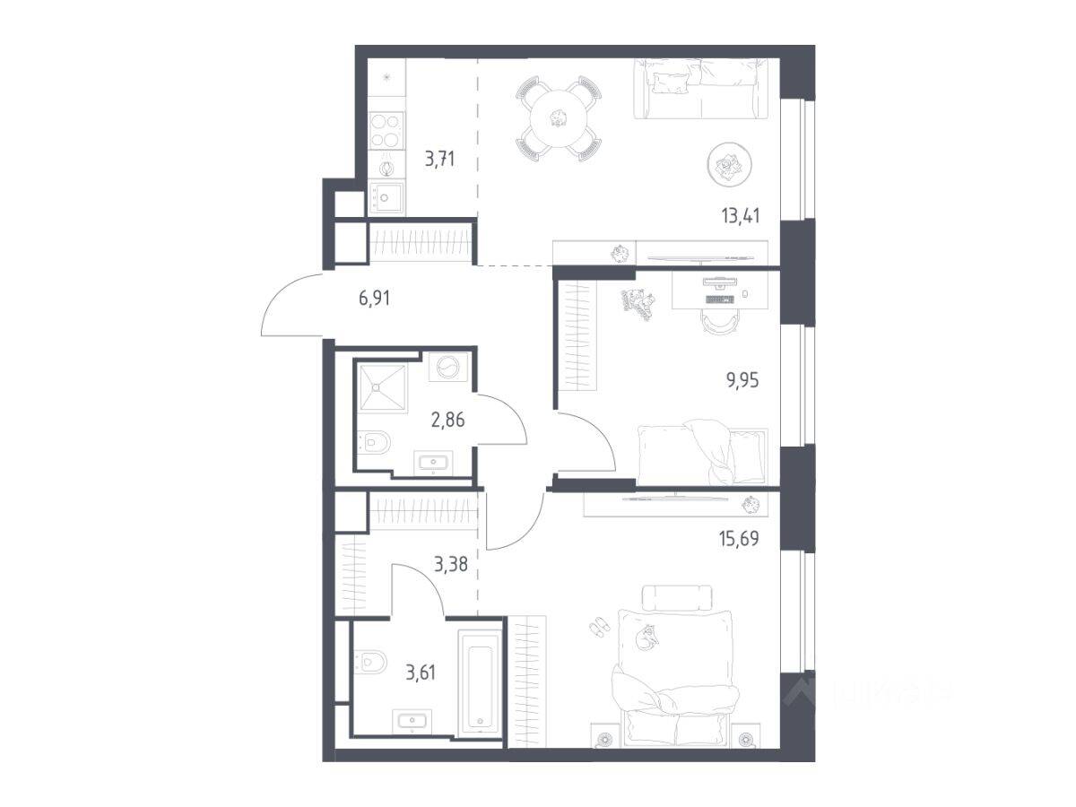 2-комн. квартира, 59,52 м², в Апарт-комплекс Верейская 41